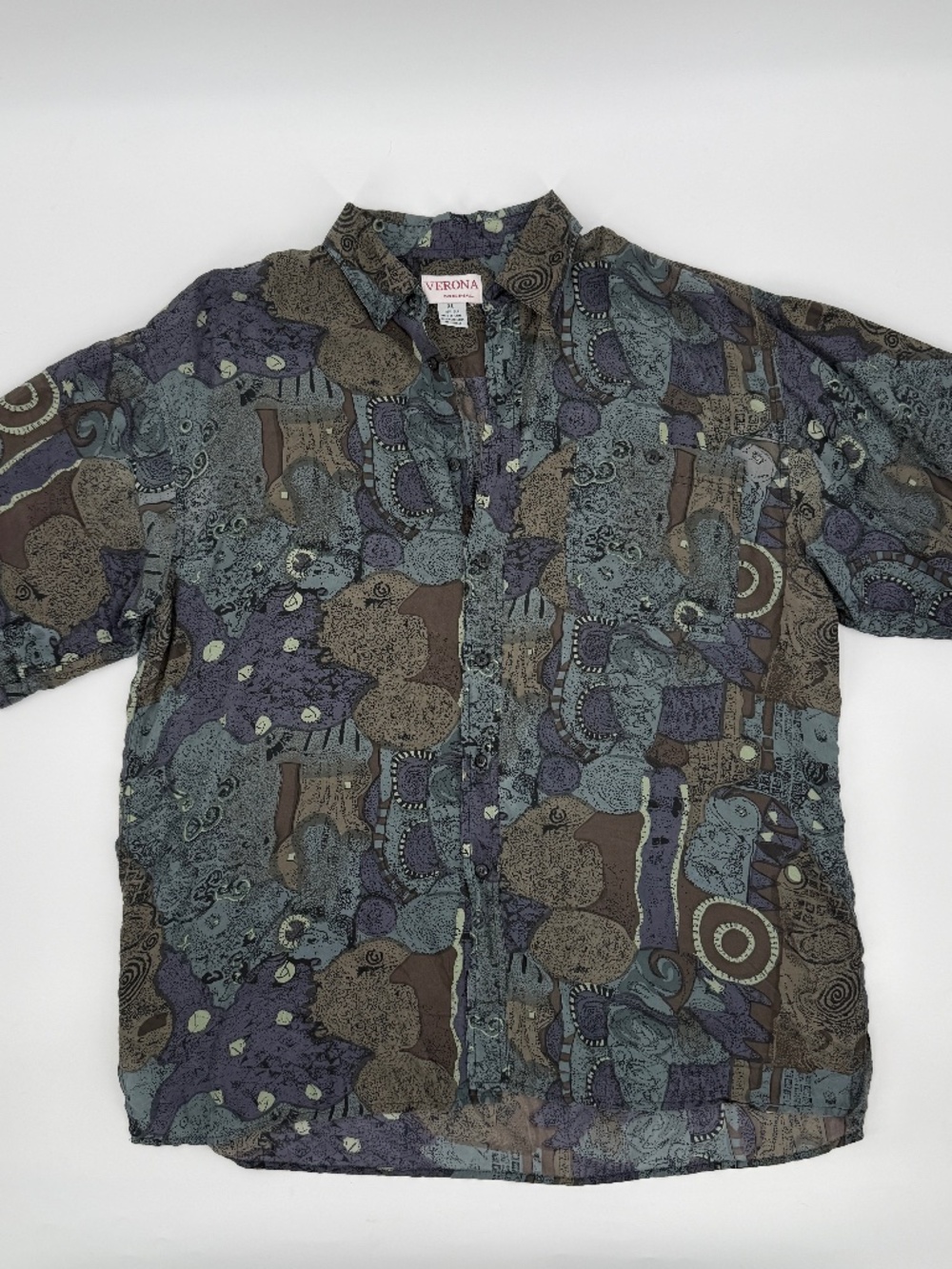90s Vintage 100% Silk Shirt Abstract Geometric Grunge Earth Tone Button Down XL